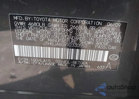 2009 Lexus Es 350 z USA, uszkodzony, nr VIN JTHBJ46GX92330553